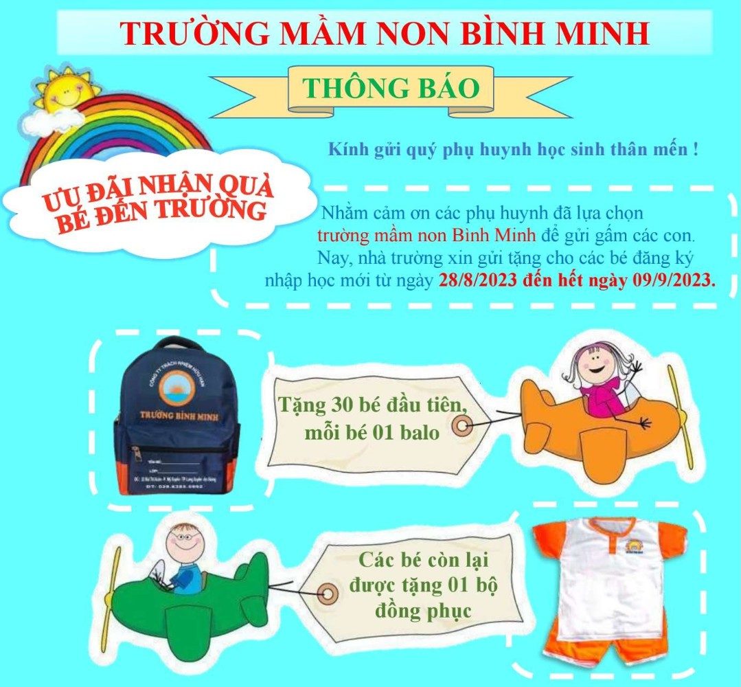 TRƯỜNG MẦM NON BÌNH MINH THÔNG BÁO: ƯU ĐÃI NHẬN QUÀ BÉ ĐẾN TRƯỜNG